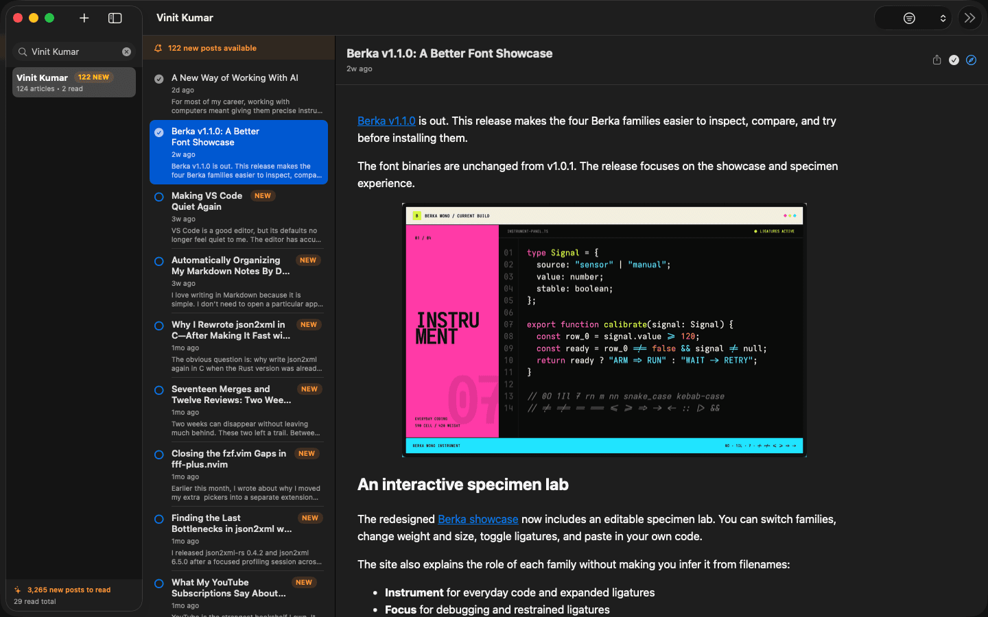 Gotcha RSS Feed showing a rich article beside the source and article lists